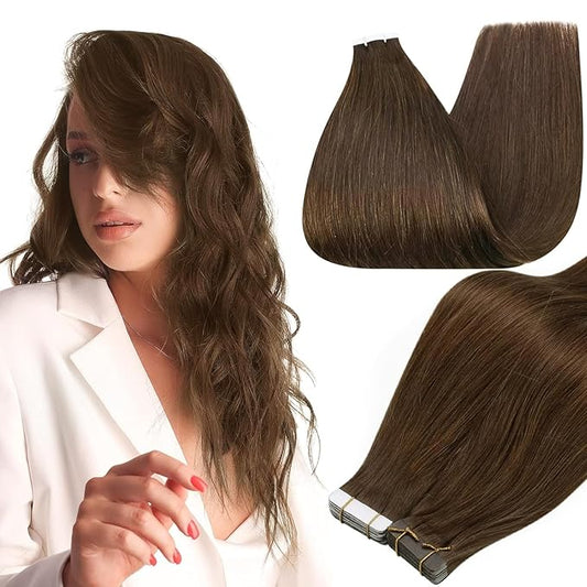 Full Shine Brown Tape in Extensions Color 4 Medium Brown Remy Tape ins Human Hair Extensions 20Inch Double Sided Adhesive Extension 100G 40Pcs Long Straight for Natural Look