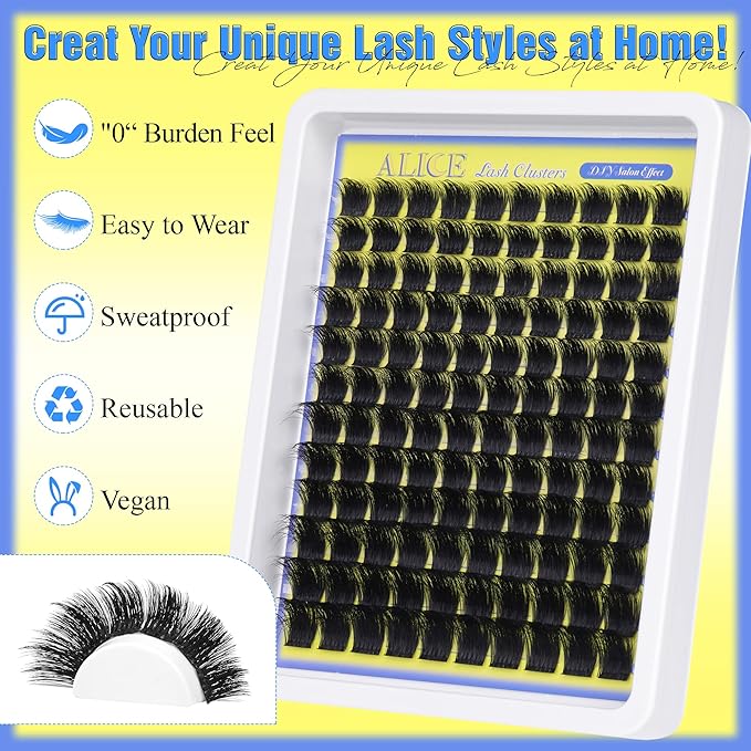 ALICE Lash Clusters Kit - 200D Russian Thick Eyelash Clusters Kit (Wispy & Spiky) - Lash Extension Kit with Lash Bond and Seal, Tweezers, Reusable Eyelash Clusters for Dramatic Volume Makeup