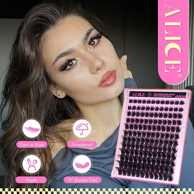 ALICE Lash Clusters Wispy Volume Eyelash Clusters with 2 Spikes Thick Fluffier Cluster Eyelash Extensions Individual LashesThin Band Lash Extensions DIY at Home (144pcs/12-22mm/CC- Curly)