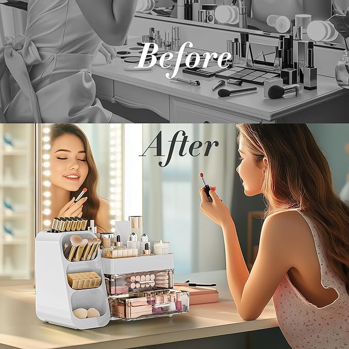 Delamu Makeup Organizer Countertop, Spacious Cosmetic Display Case with Makeup Brush Holder, Perfect Vanity Bathroom Organizer and Storage Solution for Skincare & Beauty Essentials, White