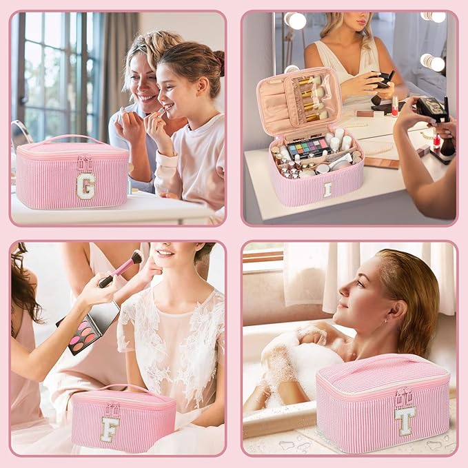 OCHEAL Makeup Bag for Women, Monogram Cosmetic Bag with Brush Holder, Pink Travel Makeup Case Beauty Toiletry Bag Organizer Personalized Gifts for Girls Bridesmaid, Sister, Wife, Friends Initial R