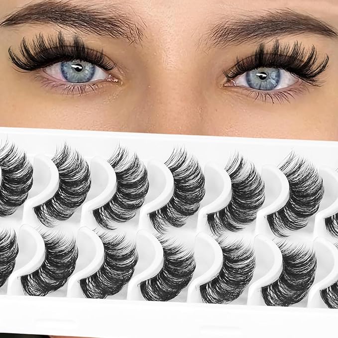 Ahrikiss Russian Lashes Clear Band False Eyelashes Wispy Natural Look, D Curl Fake Strip Eye Lashes Faux Mink Fluffy Eyelashes 10 Pairs Pack(R1)