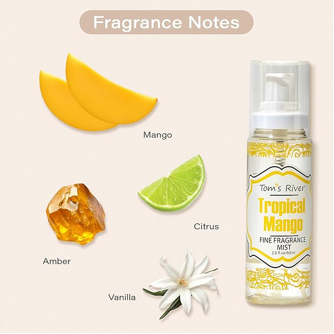 Tom's River Fine Fragrance Body & Hair Mist | Tropical Mango Scented (Pack of 3) | For Daily Use | Travel-Friendly | 2 fl oz/ 60ml per Bottle