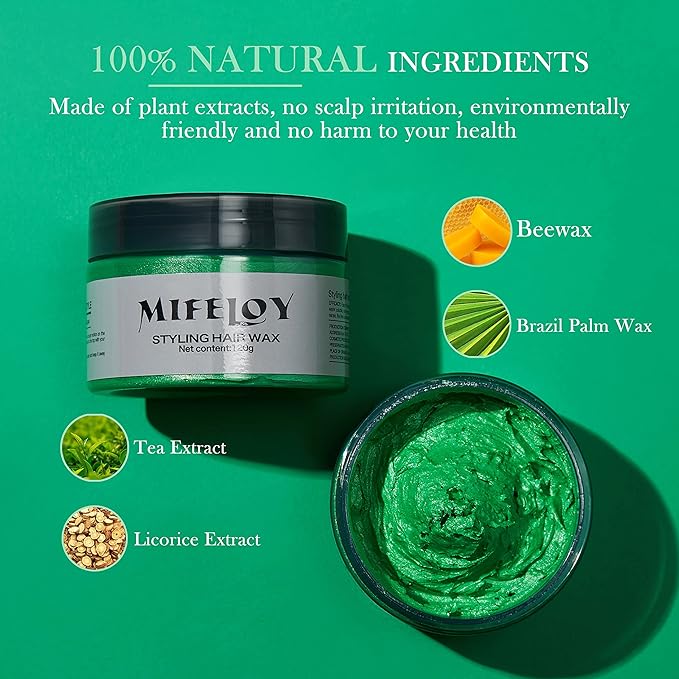 Temporary Green Hair Spray Color Wax with Dye Brush, Instant Natural Hairstyle Cream 4.23 oz, Disposable Coloring Mud for Men Women Youth, Washable Styling Pomades, Party Cosplay DIY Halloween