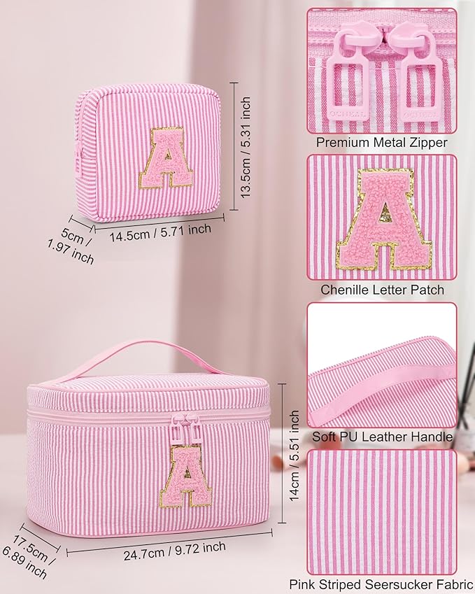 MONSTINA Personalized Initial Makeup Bag with Brush Holder for Women,Make Up Case for Girlfriend Bridesmaid Wife,Birthday Gift for Her Cute Toiletry Bag,2PCS,Pink G