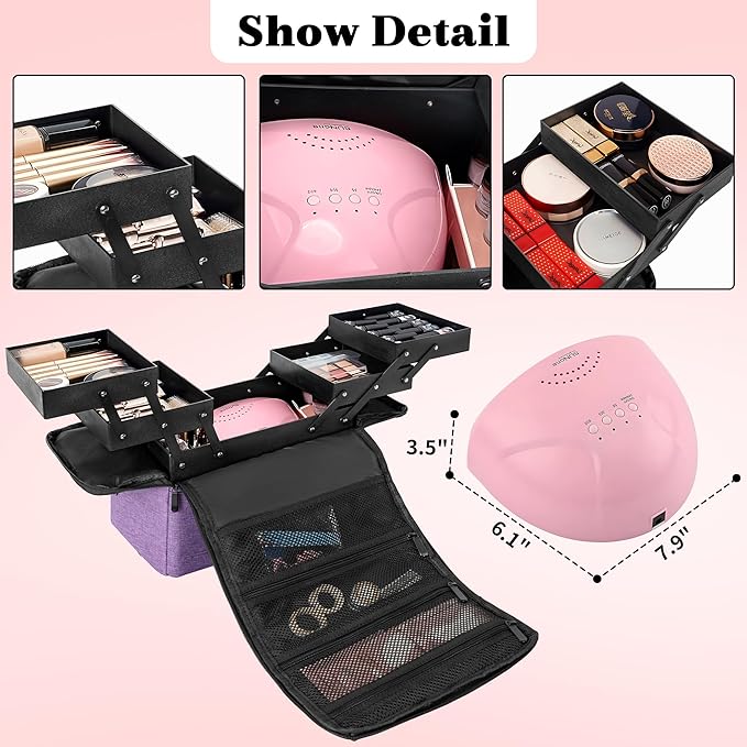 Makeup Travel Train Case, Black Makeup Carrying Organizer Bag, 4 Tier Professional Organizer Case with Straps Pockets for Make Up Tools