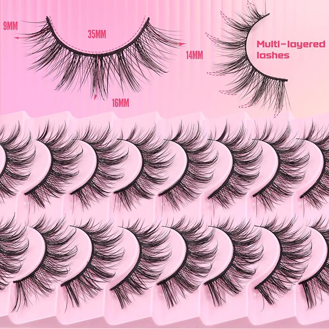 Ahrikiss Lashes Manga Lashes Anime Wispy False Eyelashes 8 Pairs Faux Mink Lashes Fluffy Fake Eyelashes 3D Volume Fake Lashes 9-16mm Soft Spiky Strip Lashes Natural Look (Princess)