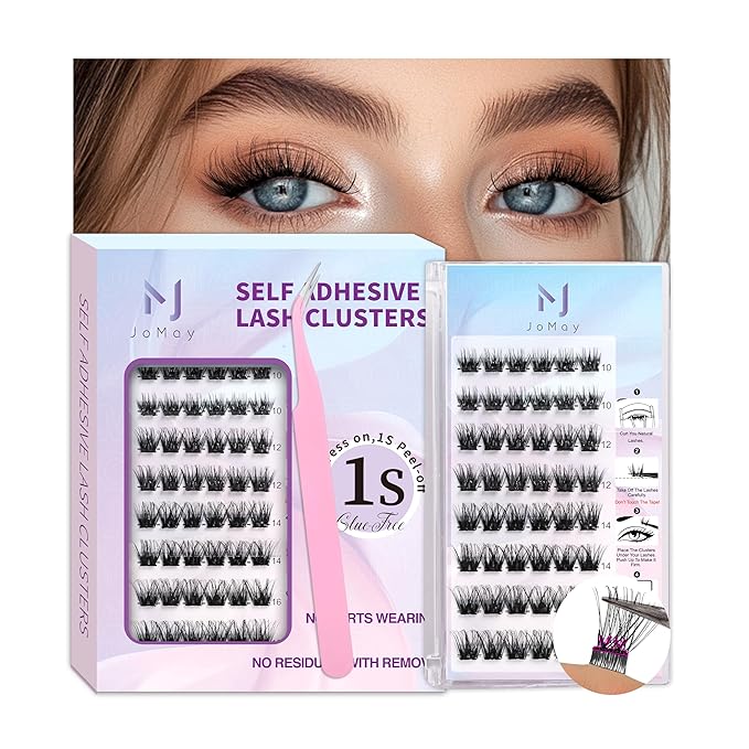 JoMay Self Adhesive Eyelashes, Press on Lashes No Glue Needed, Glueless Lashes Pre-Glued Natural Cluster Extension Kit D Curl For Beginners, No Sticky Residue 1 Step DIY 48PCS 10-16mm X03