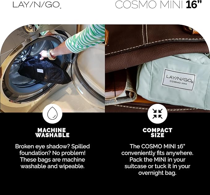 Lay-n-Go Cosmo Layflat Drawstring Cosmetic & Makeup Bag Organizer w/Zipper Pocket, Brush Loops & More, Cinch to Close, Lay Flat to Use, Durable, Machine Wash, Travel Toiletry Bag (16", Black)