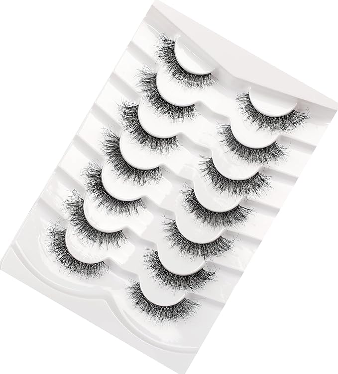 Pooplunch False Eyelashes Cat Eye Look Natural Short Wispy Lashes 8D Crossed Extension Volume Fake Eyelashes Faux Mink Human Hair Lashes 7 Pairs Pack