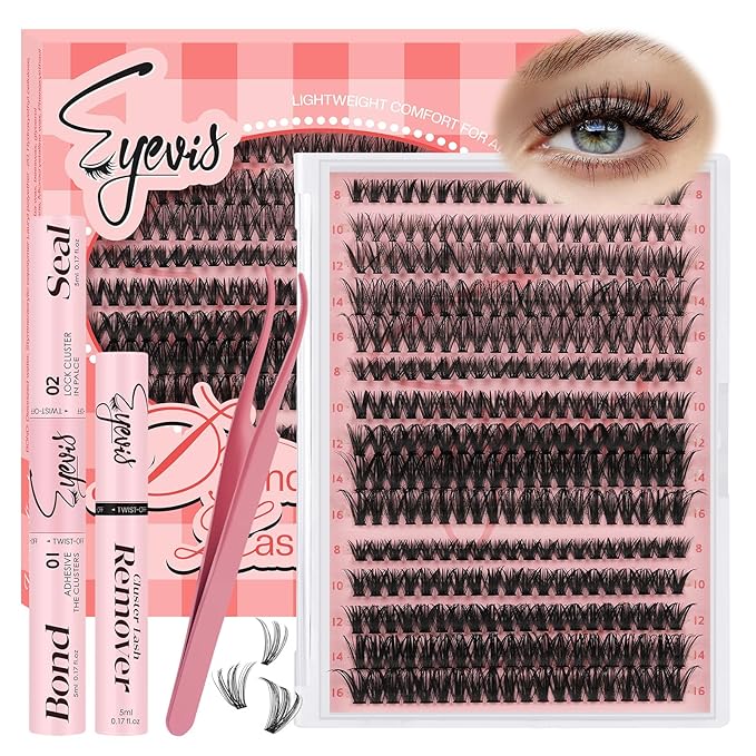 Lash Extension Kit 300PCS Lash Clusters Kit D Curl Eyelash Cluster 8-16mm 30D 40D 50D Individual Lashes Kit with Lash Bond and Seal Lash Tweezers（30D+40D+50D-D Kit, 8-16MIX）