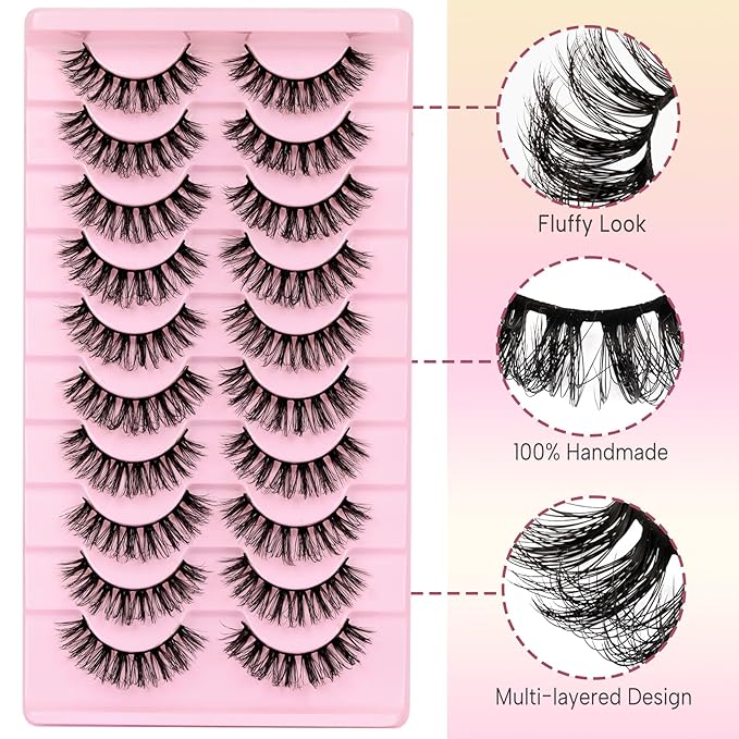 Ahrikiss Russian Strip Lashes That Look Like Extensions D Curl Fluffy False Eyelashes 10 Pairs Wispy Natural Fake Lashes Pack Fluffy 3D Volume Fake Lashes (D02)