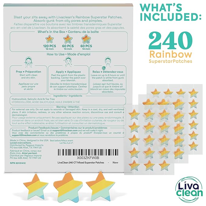 LivaClean 240 CT Rainbow Superstar Acne Patches w/Salicylic Acid & Tea Tree, Rainbow Star Patch Star Pimple Patch Pimple for Face Acne Patches Cute Zit for Face