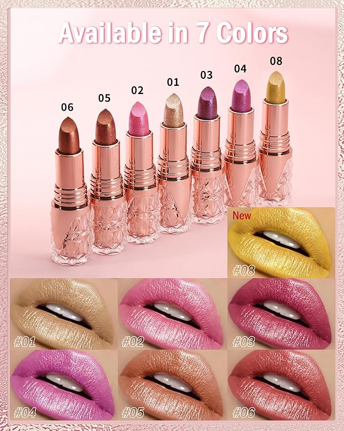 Glitter Metallic Shimmer Light Gold Lipstick Long Lasting,Diamond High Pigmented Nude Red Metallic Matte Liquid Lipstick Non-Stick Lip Gloss,Transfer Proof Lip Color Lip Stick Makeup for Women-01