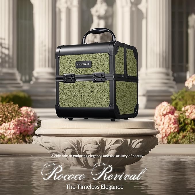 BYOOTIQUE Travel Makeup Case with Mirror 2-Tier Trays Cosmetic Storage Box Jewelry Organizer for Beautician Nail Tech Barbershop Hairstylist,Rococo Moss