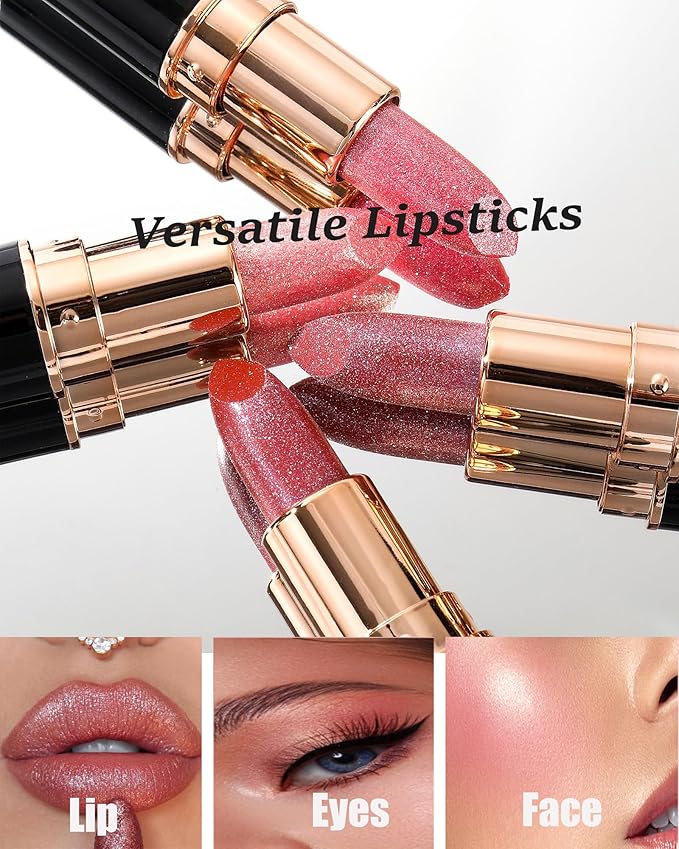 Rose Red Metallic Glitter Lipstick Long Lasting,Diamond Nude Shimmer Lip Gloss High Pigmented Matte Liquid Lip Stick for Women,Sparkling Shiny Transfer Proof Non Stick Tinted Lip Color Balm Makeup-06