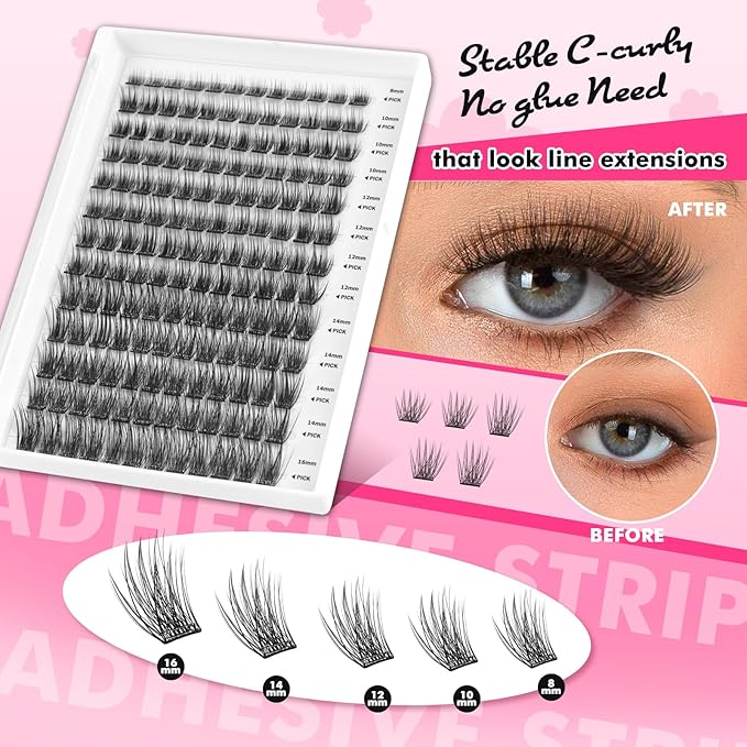 156 PCS Volume Self Adhesive Eyelashes Clusters, Invisible 2-Strip Tape - Longer Lasting, Pre Glued Eyelash Clusters, No Glue Needed Lashes C-Curly Eyelash Clusters with Tweezers