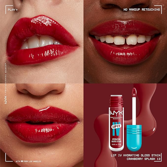 NYX PROFESSIONAL MAKEUP Lip IV Hydrating Glossy Lip Stain with 12HR Hydration - Cranberry Splash (Red)