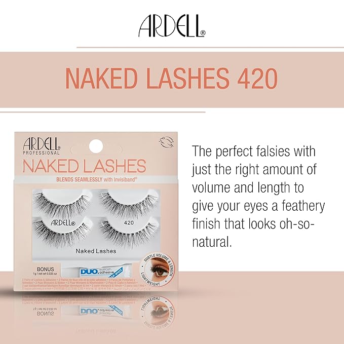 Ardell Naked Lashes 420 - Natural Volume & Lightweight Black Strip Lashes, 2 Pairs with 1g DUO Pipette, 1 Set