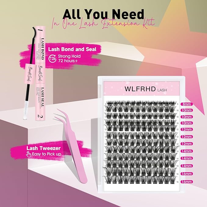 Lash Extension Kit,144 pcs Lash Clusters Kit Individual D Curl Lash Kit with Eyelash Bond and Seal Waterproof and Applicator for False Eyelashes Extension(Cove-Mix 8-16mm Kit)