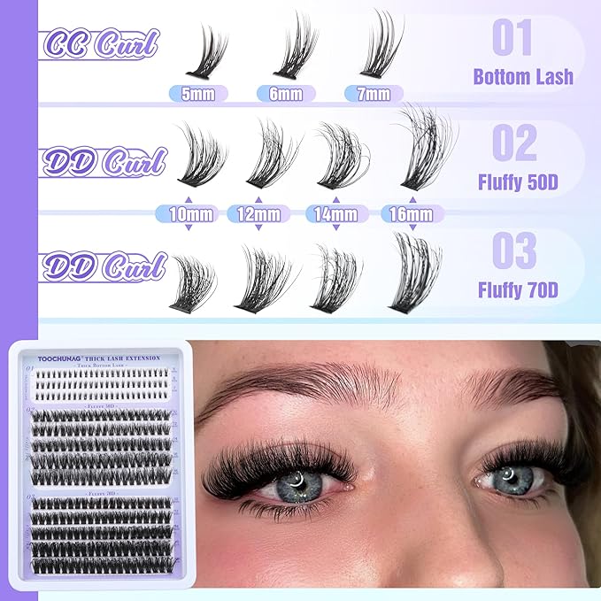 TOOCHUNAG Fluff Cluster Eyelash Extensions with Bottom Lash Clusters Wispy Individual Lashes 10-16mm D Curly Eyelash Clusters DIY Lash Extension at Home