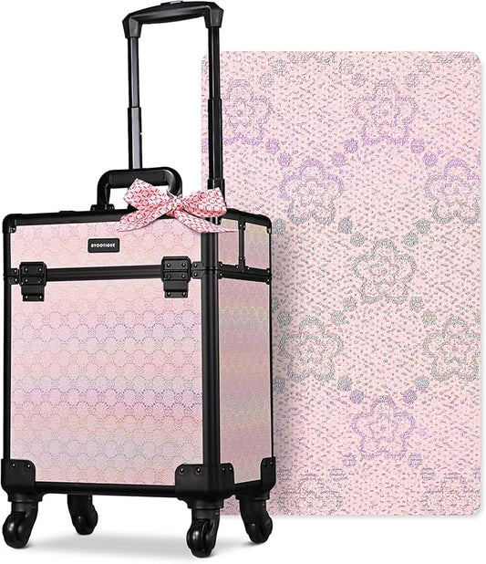 BYOOTIQUE Barber Case False Eyelash Storage Rolling Makeup Cart on Wheels Hairdressing Brush Bags Barber Suitcase for Wedding Beautician Manicurist Hairstylist,Blush ForgetMeNot