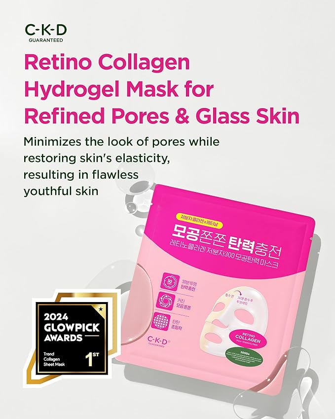 CKD Pore-Tightening & Firming Face Mask (10ea) – Korean Hydrogel Sheet Mask for Glass Skin, Minimizes Pores & Boosts Firmness with 3rd Retinal & Low Molecular Collagen, Korean Skincare
