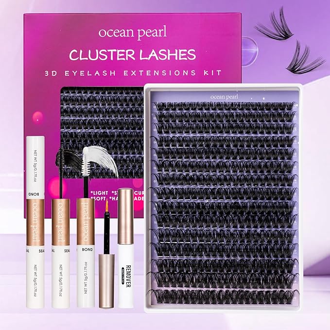Ocean Pearl Lash Clusters 10-20mm Thick 300D Volume Eyelashes Clusters Lashes 300PCS Lash Extension Kit Eyelash Extension Kit Individual Lashes DIY Lash with Lash Bond+Seal+Remover+Tweezer-300D