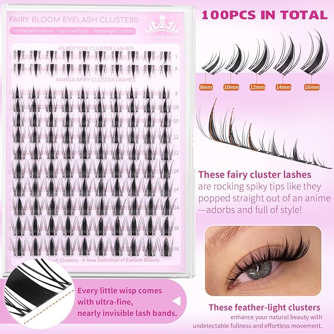 Fairy Lash Clusters Kit with Bottom Lashes Natural Eyelash Clusters Kit Wispy Lash Extensions Spikes C Curly Manga Eyelash Extensions Kit with Lash Bond and Seal Manga Wet-Look Individual Lashes Kit