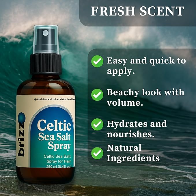 Celtic Sea Salt Hair Spray. Instant & Natural Beach Look, Volume & Texture, Celtic Sea Salt Spray with Kelp, Aloe Vera, and Hair-Strengthening Minerals. (8.45 fl oz)