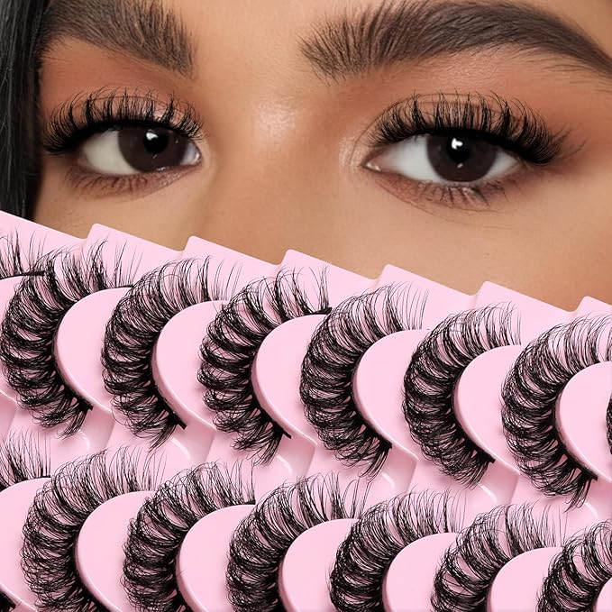 Ahrikiss Russian Strip Lashes That Look Like Extensions D Curl Fluffy False Eyelashes 10 Pairs Wispy Natural Fake Lashes Pack Fluffy 3D Volume Fake Lashes (D04)