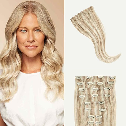 Luxy 100% Remy Human Hair - Seamless Clip-In Hair Extensions - Multi-Dimensional Color for Natural Blending, Adds Volume & Length 50 grams 12" Beige Blonde Balayage