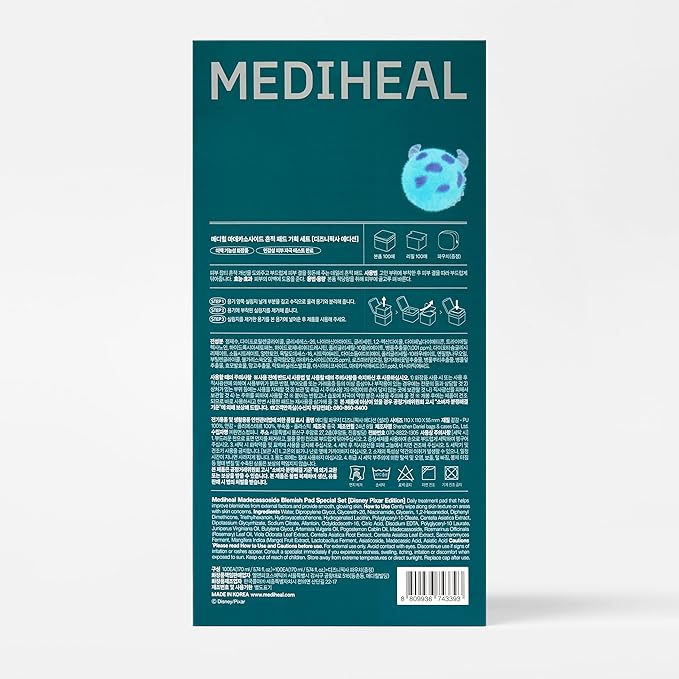 MEDIHEAL Toner Pads [Madecassoside] Blemish Care - Disney Pixar Edition - Centella Asiatica to Improve Uneven Skin Tone - Vegan Hypoallergenic Face Gauze, Full Size 100 + Refill 100 (200 Count)
