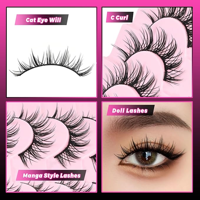 Veleasha Manga Eyelashes Spiky Eye Lashes Cat Eye Lashes Anime Lash Crisscross 100% Handmade 8D Doll Lash Natural Look Soft Wispy Fake Eyelashes 8 Pairs (Pomelo)