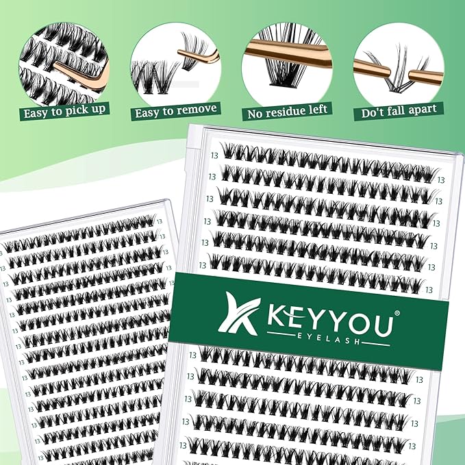 Lash Clusters 300pcs Individual Lashes 40D 0.07D Curl 13mm DIY Eyelash Extension KEYYOU Large Tray Volume Soft&Natural Eyelash Clusters(40D-0.07D,13）