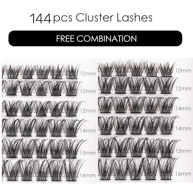 Lash Clusters 144 Pcs Individual Lashes Clusters Eyelash Extensions False Eyelashes DIY Lash Extension Reusable False Eyelashes Natural Look Mix 10-16mm C D-Curl-DM17