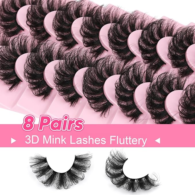 Mink Lashes Full Wispy False Eyelashes 8 Pairs D Curly Faux Mink Lashes that Look Like Extensions Dramatic Long Volume Lashes Pack by Eefofnn