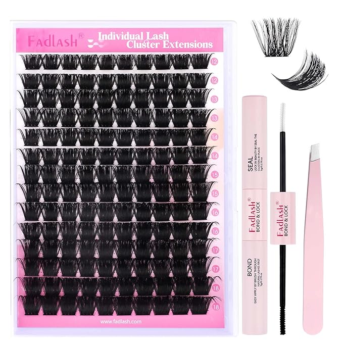 FADLASH Lash Extension DIY Kit Volume Fluffy Lash Clusters D Curl Cluster Lashes with Lash Bond and Seal Lash Tweezers for DIY Eyelash Extension at Home for Self Use（Kit 200D-0.07D-12-18MIX）