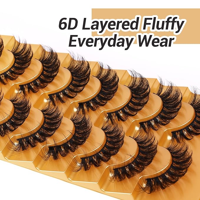 Focipeysa False Eyelashes Fluffy Mink Lashes Natural D Curl Lash Strips Look Like Extensions 17mm Wispy Crossed Cat Eye Lashes 8 Pairs Pack