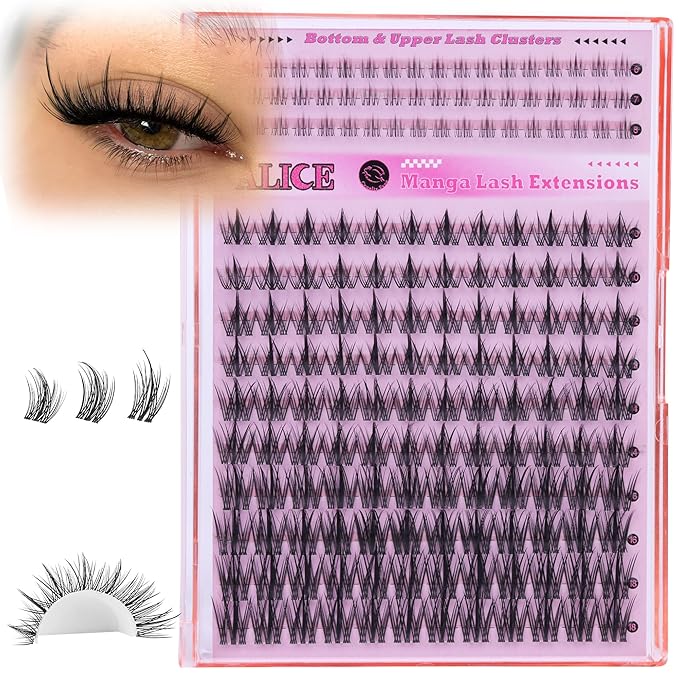 ALICE Manga Lash Clusters Clear Band with Bottom Eyelash Clusters Anime Cluster Eyelash Extensions Wispy Natural Lash Extensions Thin Band 174pcs 6-18mm Individual Lashes DIY at Home