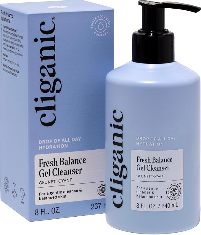 Cliganic Hydrating Gel Cleanser with Triple Botanical Complex® – Gentle Face Wash with Jojoba, Rosehip & Argan Oils – Removes Makeup & Impurities – Aloe Vera & Glycerin for Balanced, Glowing Skin 8oz