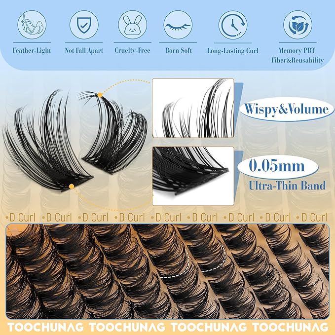 TOOCHUNAG Wispy Lash Clusters Eyelash Extensions Kit 10-18mm D Curly Eyelash Clusters Kit DIY Lash Extension Kit with Waterproof Individual Cluster Lashes, Lash Bond and Seal, Tweezers