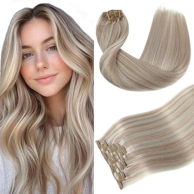 Youngsmile Human Hair Clip in Extensions Color 18 Ash Blonde mixed 1000 White Blond 14 Inch Clip in Real Human Hair Extensions Long Silk Straight Double Weft 120 Gram 7 Pcs (CLIP#18P1000-16Inch)
