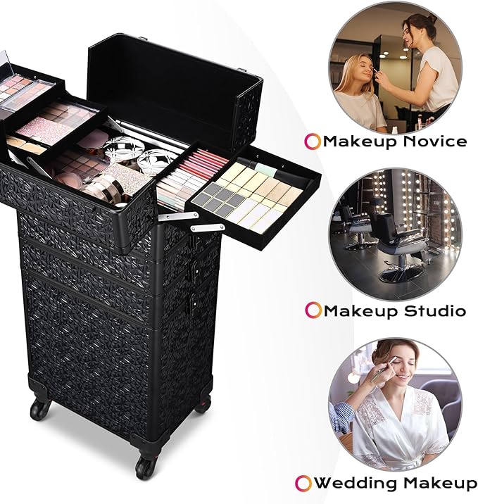 BYOOTIQUE 4in1 Rolling Makeup Train Case on Wheels Large Cosmetic Travel Organizer Eyelash Storage Box for Nail Tech Beauty Salon Manicurist Barbershop,Mermaid Black