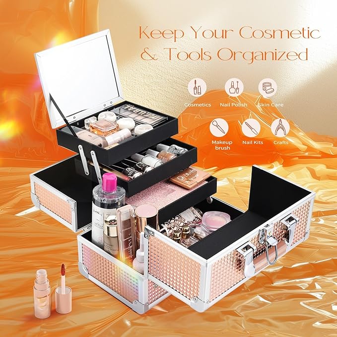 Joligrace Makeup Box 11.6-Inch Cosmetic Train Case for Women Travel Jewelry Organizer with Compartments & Mirror Portable Lockable Make-up Trunk Shiny Style