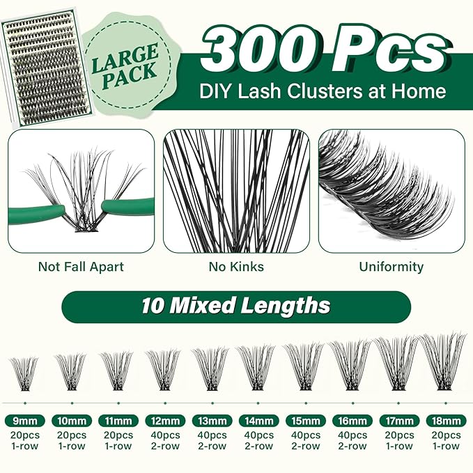 KEYYOU Lash Extension Kit DIY 300Pcs Lash Clusters Eyelash Extension Kit 50D C Curl 9-18MIX Lash Clusters Kit with Lash Glue Remover Applicator Easy to Use for Beginners(Kit,50D-C,9-18MIX)