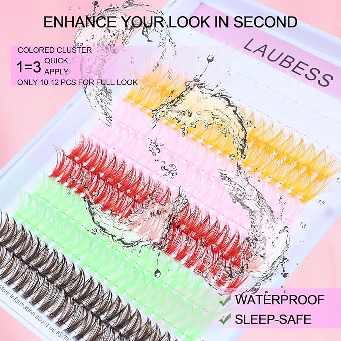 Colored Lash Clusters LAUBESS Colored Eyelash Clusters Wispy Colored Lash Extensions Colorful Lash Clusters Individual Lashes White Orange Light Pink Red Green Dark Brown (Colorful 0.07D, 13/15mm)