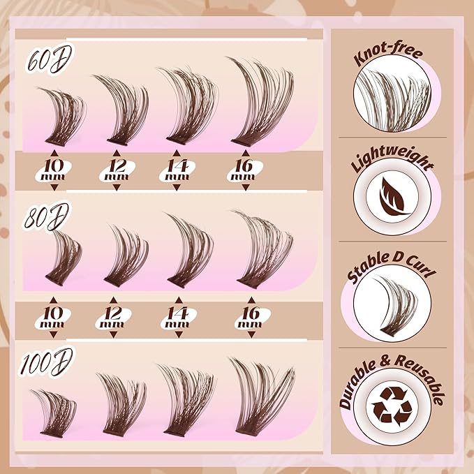 Brown Lash Extensions D-Curly Eyelash Extensions 480Pcs Volume Lash Clusters Dark Brown Cluster Eyelash Extensions Wispy Clusters Individual Lashes Thick Cluster Lashes (60D 80D 100D Mixed, 10-16MM)