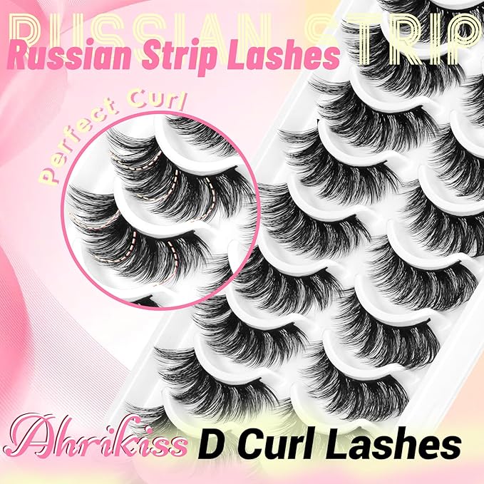 Ahrikiss Lashes Volume Faux Mink Eyelashes D Curl Fluffy False Lashes Russian Strip Lashes Lash Wispy 10 Pairs Cat Eye Lashes Pack(R2)