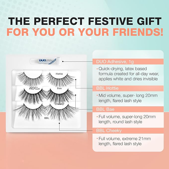 Ardell BBL Big Beautiful Wispy Lashes Gift Set – Reusable Lashes Natural Look False Eyelashes with DUO Adhesive, 3 Pairs